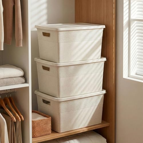 BINO | Plastic Storage Bins with Lids, 22 Liter - 3 Pack, Natural | THE BRAIDED COLLECTION | Plastic Bins for Organization Woven Storage Baskets for Organizing Pantry Shelf Organizer Basket Bin - color: Natural, size: 22L | 3-Pack
