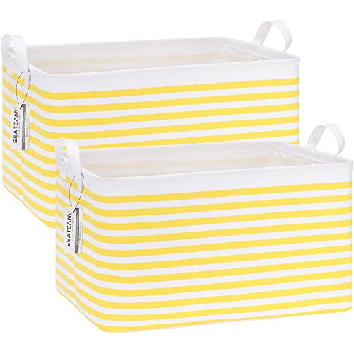 Sea Team 2-Pack Collapsible Canvas Fabric Storage Basket with Handles, Rectangle Waterproof Storage Bin, Box, Cube, Foldable Shelf Basket, Closet Organizer, 16.5 x 11.8 x 9.8 Inches, Yellow Stripe - color: Stripe/Yellow, size: 16.5 Inch (Pack of 2)