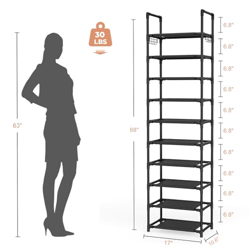LANTEFUL 10 Tiers Shoe Rack 25 Pairs Large Capacity Tall Shoe Organizer Sturdy Shoe Storage with Two Hooks Space Saving Metal Narrow Shoe Rack for Closet, Entryway, Bedroom, Black - color: Black, size: 10 Tier-68" High-17" Wide