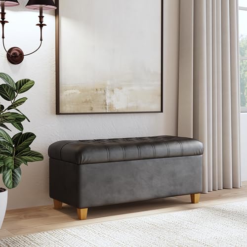 Homepop Home Decor | Button Tufted Storage Bench | Ottoman Bench with Storage for Living Room & Bedroom, Black Faux Leather - color: Black Faux Leather