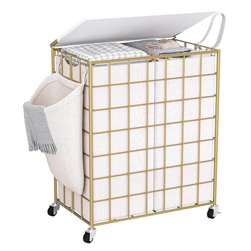 Laundry Basket with Wheels, Heavy Duty Laundry Sorter 2 Sections, 120L (32Gal.) Large Capacity Laundry Hamper with Wood Lid, 360 Rolling Wheels, Extra Side Pocket, Leather Pull Handle, Golden - color: Golden, size: 120L