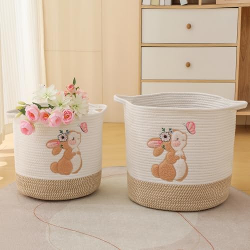INough Toy Storage Baskets Woven Cotton Rope Storage Basket for Kids, Blanket Baskets for Living Room Stuffed Animal Storage Toys Organizer with Embroidery Decor, Cute Baskets for Nursery (Bunny) - color: Bunny, size: Medium
