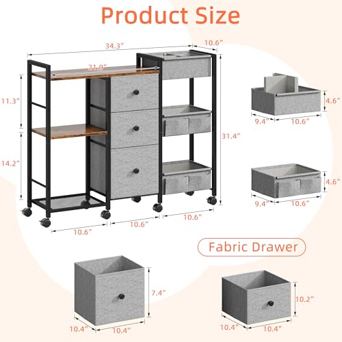 GYIIYUO Diaper Caddy Cart with Storage Fabric Drawers/Open Shelves, Baby Caddy Organizer, 3-Tier Rolling Utility Cart on Wheels for baby nursery essentials,bedside,makeup(Rustic Brown)