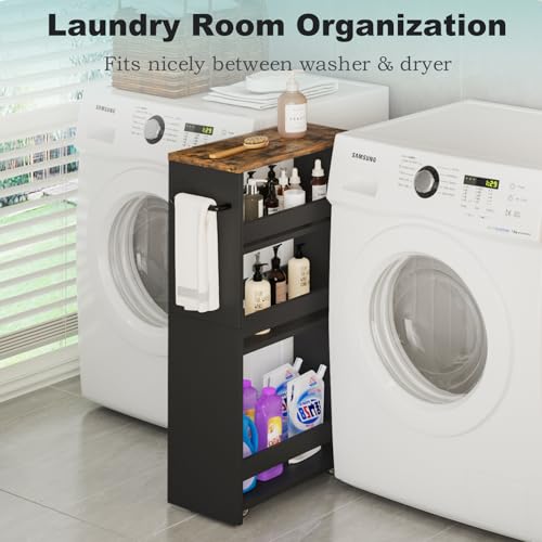 MARTY Rolling Storage Cart 7.9" W, 4-Tier Kitchen Cart with Wheels Handle, Slim Storage Cart Mobile Shelving Utility Carts for Bathroom Laundry Room Organization Narrow Places (Black) - color: Black, size: 7.9"D x 15.75"W x 31.5"H