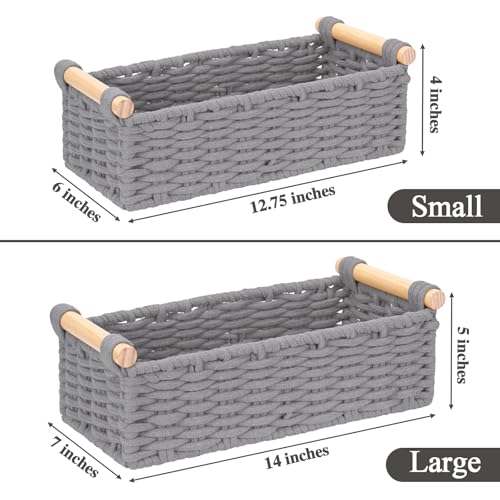 Boho Cotton Rope Storage Baskets Set of 2, Woven Wicker Organizer Bins with Wooden Handles, Small Decorative Boxes for Organizing, Toilet Paper Baskets for Bathroom Countertop, Shelves (Gray 2 Pack) - color: Gray 2 Pack