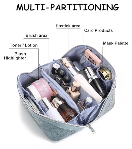 BOYATU Travel Makeup Bags Cosmetic Organizer Bag: 3 Pcs Set Large Capacity Floral Make up Bag with Compartments - Waterproof Leather Toiletry Bags with Handle for Women (01-Light Blue) - color: 01-Light Blue