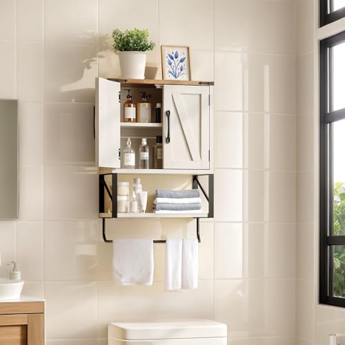 Bonnlo Wall Cabinet Farmhouse with Tower Bar Small Bathroom Medicine Cabinet Over Toilet Storage Organizer with Tower Bar Wall Mounted for Bathroom Kitchen Rustic White & Brown - size: Small - Farmhouse