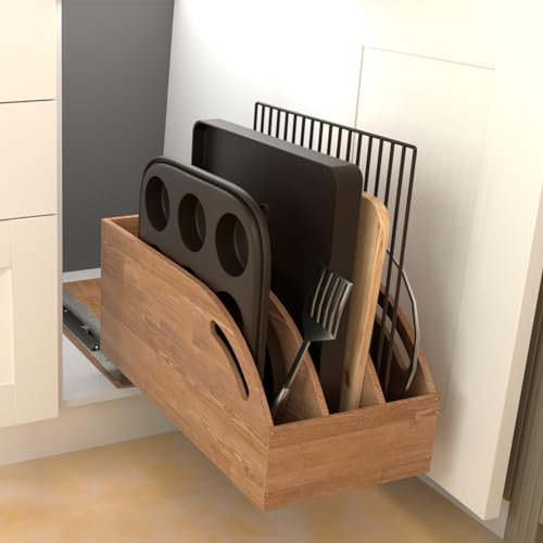 DINDON Pull Out Cabinet Organizer for Pans, Pot lid, Cookie Sheet, Cutting Board, Baking Tray, Slide Out Kitchen Cabinet Storage Organizer, 10.5''W X 21"D X 10.6"H, Wood - size: 10.6"H