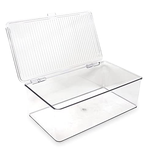 Isaac Jacobs Medium Stackable Organizer Bin (10.75”x6.5”x3.7”) w/ Hinged Lid, Clear Storage Box, Home, Office, School, Fridge, Bathroom, Kitchen, Pantry Container, BPA-Free, Food Safe (Medium, Clear) - size: Medium