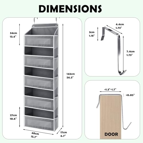 Over The Door Storage Organizer with 5 Extra Large Pockets & Side Mesh Pouches, Hanging Closet Door Organizer for Bedroom, Pantry, Nursery, Anti-Tilt Design, Fits 1.6" Doors-Dark Gray - color: Dark Gray