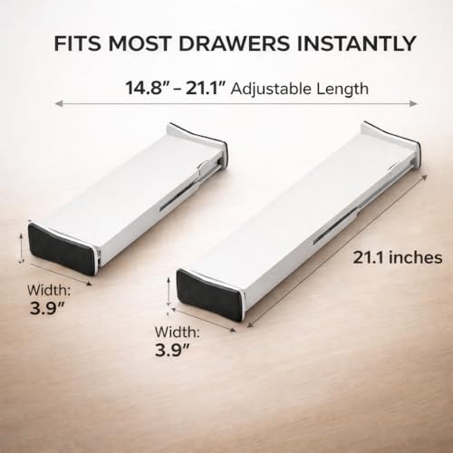 Adjustable Drawer Dividers – Expandable 14.7–21” Drawer Organizer with Non-Slip Ends, Easy Install for Kitchen, Dresser & Closet Storage (“White”)