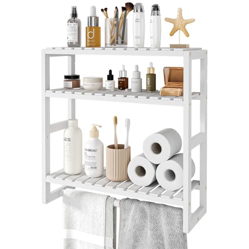 Galood Over The Toilet Storage Bathroom Shelves Wall Mounted 3 Tier Space Saver Corner Shelf Organizer Bamboo Towel Rack Toilet Paper Cabinet with Hanging Rod White - color: White 1pack, size: Standard