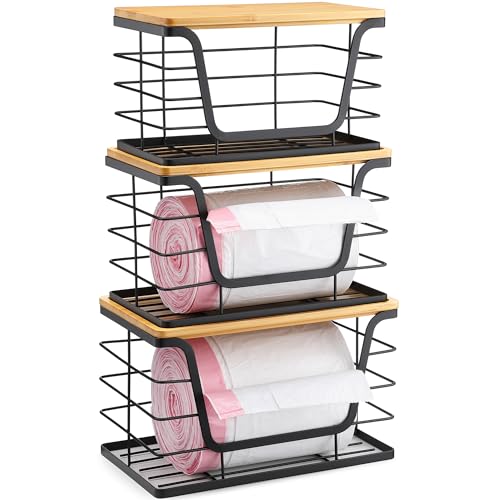 ALOCEO 3 Pack Stackable Storage Bins with Lids, Stainless Steel Trash Bag Dispenser Roll Holder for for Kitchen Sink, Laundry, Pantry Organizer and Storage - color: 3-pack - Xl&l&s Black