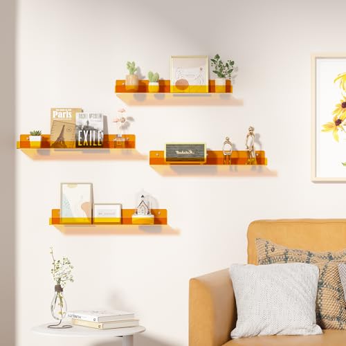upsimples Acrylic Shelves for Wall Decor, 15" Display Shelf Perfume Organizer for Bathroom, Bedroom, Living Room, Floating Bookshelves for Kids, Clear Orange, 4 Pack - color: Orange