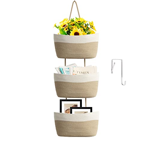 TeoKJ Over the Door Hanging Basket, 3-Tier Woven Cotton Wall-Mounted Storage Organizer Bag Decorative Hanging Nursery Baskets, White & Jute - color: White + Jute