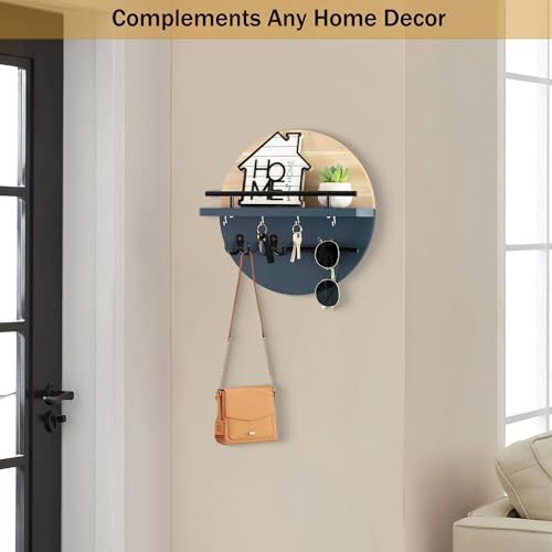 dreampossible Key Holder for Wall Decorative with Shelf and Hooks, Mail Organizer Wall Mount with Sunglasses Holder, Circular Design Entryway Key Rack Hanger, Rustic Home Decor - color: Light brown&Navy blue