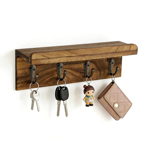 Gulex Key Holder Wall Mount, Rustic Wood Key Holder for Wall with 4 Hooks for Key Hanger to Organize Keys and Mail, Room Decor Key Hanger(Wood Color) - color: Wood color