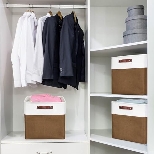 Bagnizer 13x13 Cube Storage Bins, Collapsible Fabric Storage Box, 4 Pack Closet Baskets with Handles for Organizing, Shelf, Toys, Clothes, Home, Office, Nursery (Brown&White) - color: Brown / Off-White, size: Cube - 13"x13"x13"