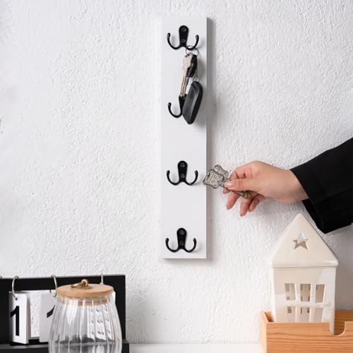 Yohsnor Vertical Wall-Mounted Key Holder – Stylish Entryway Hook Rack, Perfect for Narrow Spaces – Ideal Storage Solution for Keys, Scarves, Wallets, Belts, and Dog Leashes – Rustic Wood Key Hanger - color: White