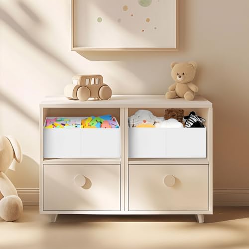 DIMJ Large Closet Shelf Organizer Bins 4 Packs with Handles and Divider, Fabric Trapezoid Storage Baskets, Foldable Clothes Containers Box for Shelf, Towel, Book, Toy, Purse, Hats, White - color: White, size: 4 Bins 16.5"x11"x7.8"