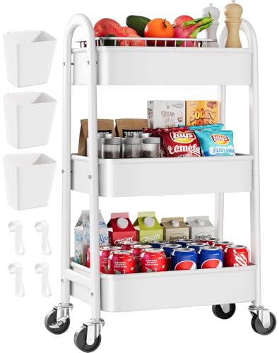 3 Tier Rolling Cart with Wheels for Pantry Organizers and Storage, Metal Utility Kitchen Cart for Fruit and Vegetable Storage, Snack Carts for Kitchen Organization, Art, Craft, Bathroom, Lash, White - color: White, size: 3 Tier+Cups+Hooks