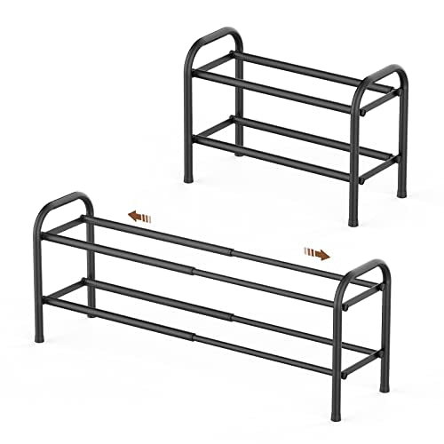 Gonfoam 2-Tier Expandable Shoe Rack,Adjustable Shoe Shelf Storage Organizer Heavy Duty Metal Free Standing Shoe Rack for Entryway Closet Doorway (Black) - color: Black, size: 2 Tier