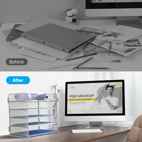 Letter Tray Paper Organizer 5-Tier Desk Organizer File Organizer Paper Holder with Handle, Metal Desktop Document Shelf Tray Office Classroom Organization - White - color: White