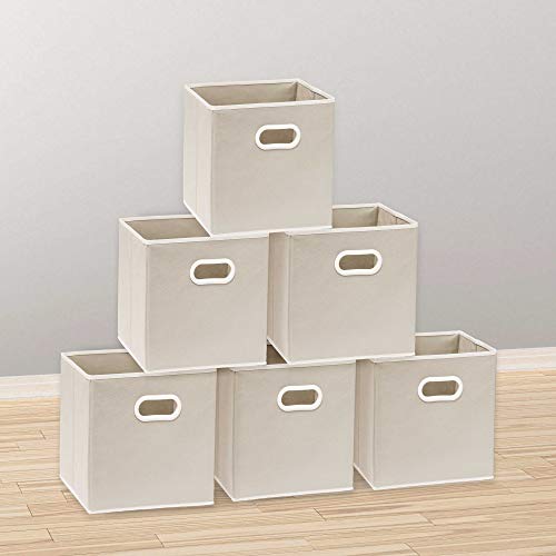 Simple Houseware Foldable Cube Storage Bins with Handles, 11-Inch, Beige, 6-Pack, Fabric Cubes Organizer for Closet or Shelves - color: Beige