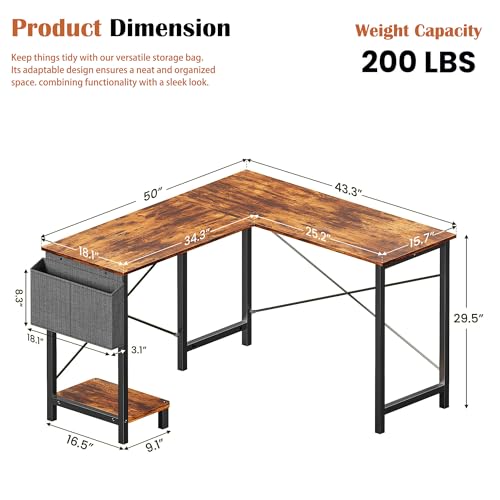 Alpen Corner Desk, L Shaped Gaming Desk with Storage Pocket and CPU Stand, Work Desk for Home Office, Small Corner Study Writing Table with Sturdy Metal Frame, 50 Inch, Rustic Brown - color: Rustic Brown, size: 50 Inches