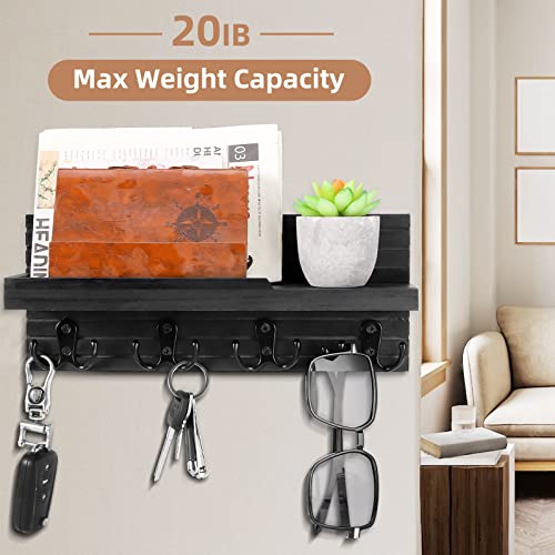 Decorative Key Hanging Rack with 4 Double Hooks – Easy Install Natural Wooden Key and Mail Holder for Wall Mount – Entryway Decor Rack with Shelf (Carbon Black) - color: Carbon Black