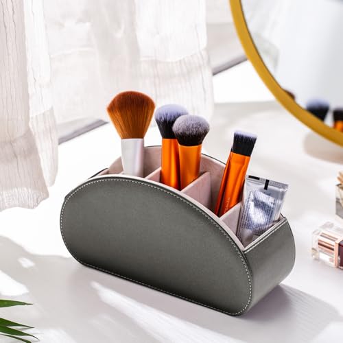 Remote Control Holders Organizer Box with 5 Compartment PU Leather Multi-functional Office Desk Storage Caddy Store Tv Remote for Media Player,Brush,Pencil,Glassees&Office Supplies (Sliver) - color: Sliver, size: S