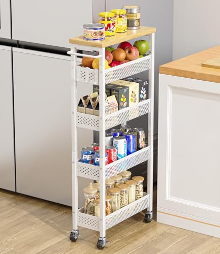 Giwil Slim Storage Cart 5 Tier Narrow Kitchen Rolling Cart on Wheels for Small Space, Metal Utility Cart Narrow Bathroom Storage Cabinet Mobile Shelf Unit Organizer with Wood Top and Handle, White - color: White, size: 5 Tier (W-7.1IN)