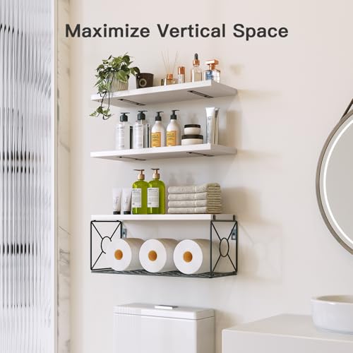 Amada Bathroom Shelves Over Toilet with Storage Basket, Floating Wall Shelf for Home Organization & Wall Decor, Bathroom/Kitchen/Living Room Shelves–White - color: White
