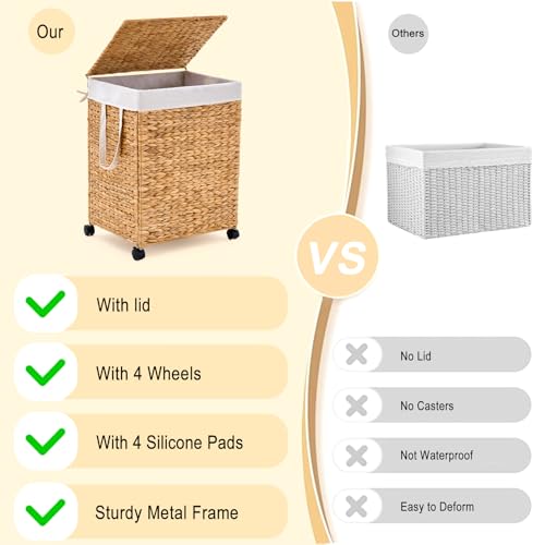 Rolling Laundry Hamper with Lid, Natural Water Hyacinth Basket with Removable Liner, Wheel or Non-Slip Installation Laundry Basket for Home Use (Natural, 100L) - color: Natural, size: 100L