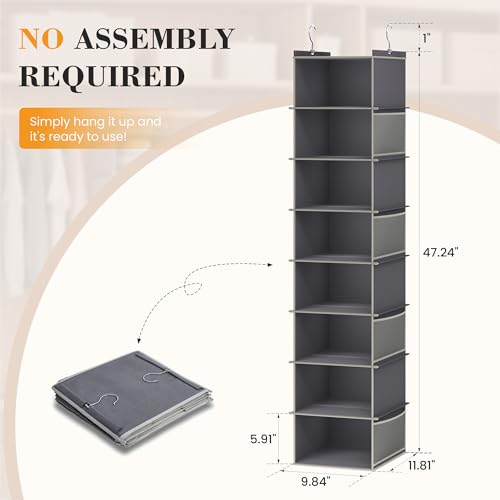 YOUDENOVA Upgraded Extra Wide Hanging Shoe Organizer for Closet, 8-Shelf Storage Organizer with 8 Side Pockets, Hanging Shoe Rack for Hats Clothes Jeans, 2 Packs, Grey - color: Grey, size: 2 Pack