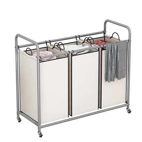 LINZINAR 3-Bag Laundry Sorter,Laundry Hamper Cart with Heavy Duty Rolling Lockable Wheels and Removable Bags (Beige) - size: 3 Bags Beige