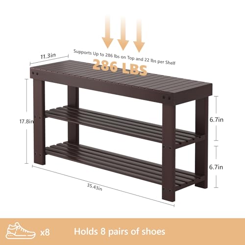 Sweetcrispy Shoe Rack Bench, 3-Tier Bamboo Entryway Storage Organizer, 286lb Capacity, Shoes Stand for FrontDoor Entrance, Bedroom, Living Room, Bathroom, Balcony, 35 Inches Length, Brown - color: Brown, size: 35 inches WIdth