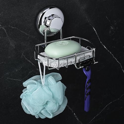 HASKO Suction Cup Soap Dish for Shower Wall, Rustproof Stainless Steel Shower Soap Holder for Bathroom with Hooks and Soap Saver, Includes Optional No Drill Adhesive Mount, Silver - color: Silver