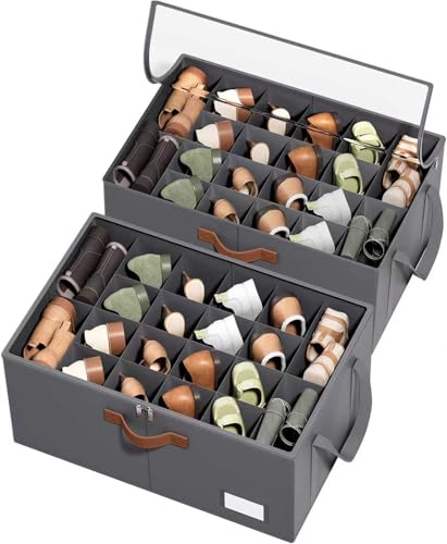 2 Pack Shoe Organizer for Closet, Foldable Shoe Storage Organizer with Clear Cover, Lable and Reinforced Handles, Space Saving Shoes Box Fits up to 20-40 Pairs, Gray - color: Gray-2 Pack, size: 25 ½"L x 17"W x 12 ½"H