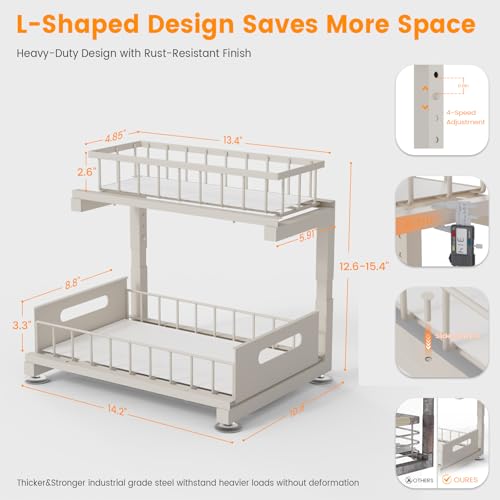 Under Sink Organizer, Heavy Duty Metal Pull Out Cabinet Organizer Slide Out Sink Shelf Organizer Height Adjustable, Multi-Purpose Storage Shelf for Kitchen Bathroom(Sand,2Pack) - color: Sand, size: 2 Pack