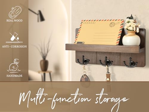 Rebee Vision Farmhouse Key Holder for Wall with Shelf: Decorative Mail Organizer and Key Rack Wall Mount with 3 Anchor Hooks - Rustic Entryway Decor (Retro Brown) - color: Brown
