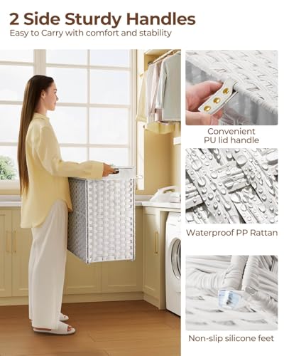 Greenstell Laundry Hamper with lid, No Install Needed, 130L Wicker Laundry Baskets Foldable 2 Removable Liner Bags, 2 Section Clothes Hamper Handwoven Rattan Laundry Basket with Handles, White - color: White, size: 130L (26.2x13.3x24.0 Inches)