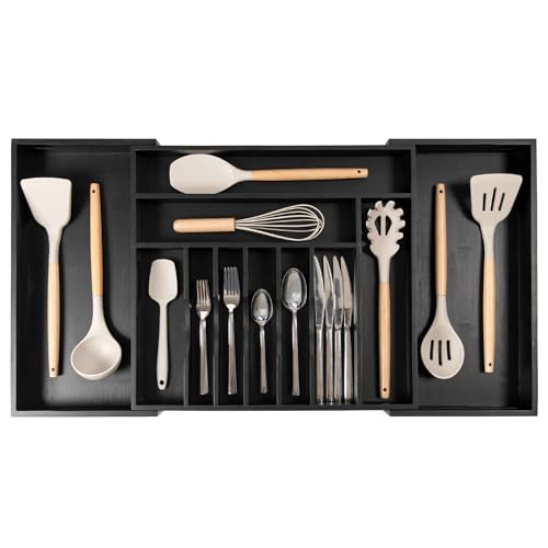 KitchenEdge Premium Silverware, Flatware and Utensil Organizer for Kitchen Drawers, Food-Safe Contract Grade, Expandable from 18 to 33 In, Black Bamboo - color: Black Bamboo, size: From 18" to 33" wide