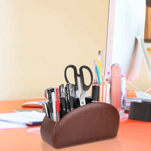 Remote Control Holder with 5 Compartments, PU Leather Remote Caddy Desktop Organizer for TV DVD Blu-Ray Media Player and Heater Controllers, Multifunction Tabletop Storage Box, Brown - color: Brown