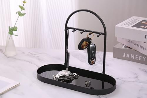 Shinpuru Metal Jewelry Organizer Stand & Key Holder Tray with Acrylic Base, Key Stand and Jewelry Tray with 5 Hooks, Perfect Bowl, Valet, Key Tray, Ring Holder, Jewelry Dish(Matt Black) - color: Matt Black