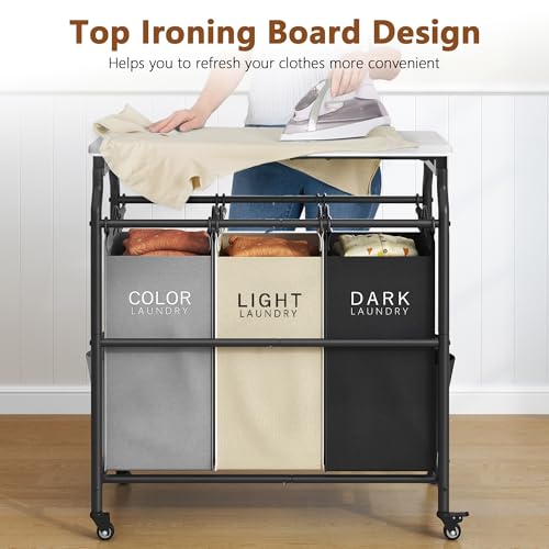 Hoctieon 3 Section Laundry Sorter Cart with Ironing Board, Laundry Hamper Basket with Shelf and Wheels, Heavy Duty Clothes Organizer, Large Clothes Separator with Removable Bags, Black+Gray+Beige - color: Black+gray+beige