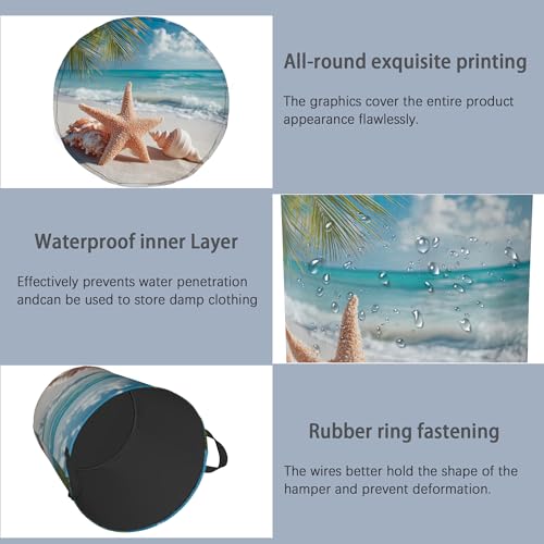 Starfish Shells Laundry Basket,Beach Oxford Cloth Laundry Hamper with Handle Foldable Portable Clothes Storage Basket for Bathroom Bedroom Dorm Room 16" x 20.8" - color: Starfish Shells Beach