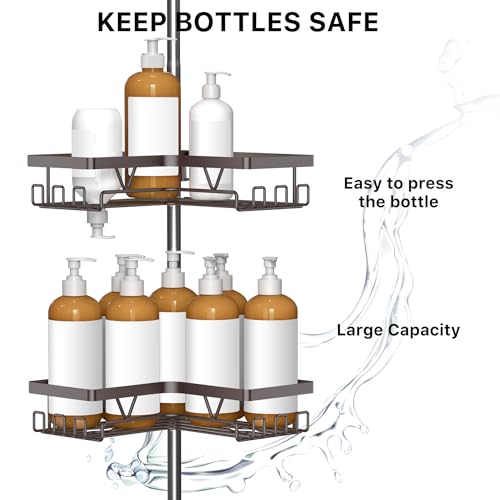 KEGII Shower Caddy Tension Pole with 2 Towel Bars, Adjustable Corner Bathroom Organizer, Rustproof Bathtub Storage Shelves for Shampoo, 25–114.2 Inch Shower Corner Rack for Renters & Family, Bronze - style: Tension Caddy & Towel Bar - Brown