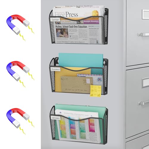 BOHDK Magnetic Wall File Holder 3-Pack - Mesh Organizer with Strong Magnets for Office, Home & School - Space Saving Black Document Organizer - size: Magnetic 3 Pack