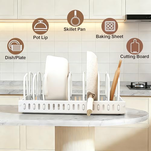 Pot and Pan Organizer under Cabinet Pull Out,Pot Lid Holder for Kitchen, Cookware Storage Rack with Slide Rails,Slide-out Drawer, White